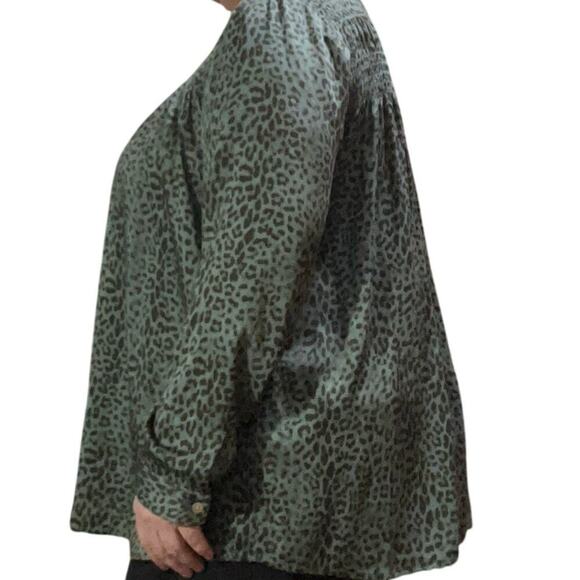 J.Jill Womens Animal Print Teal Smocked Long Sleeve Blouse Size Large - Picture 4 of 11